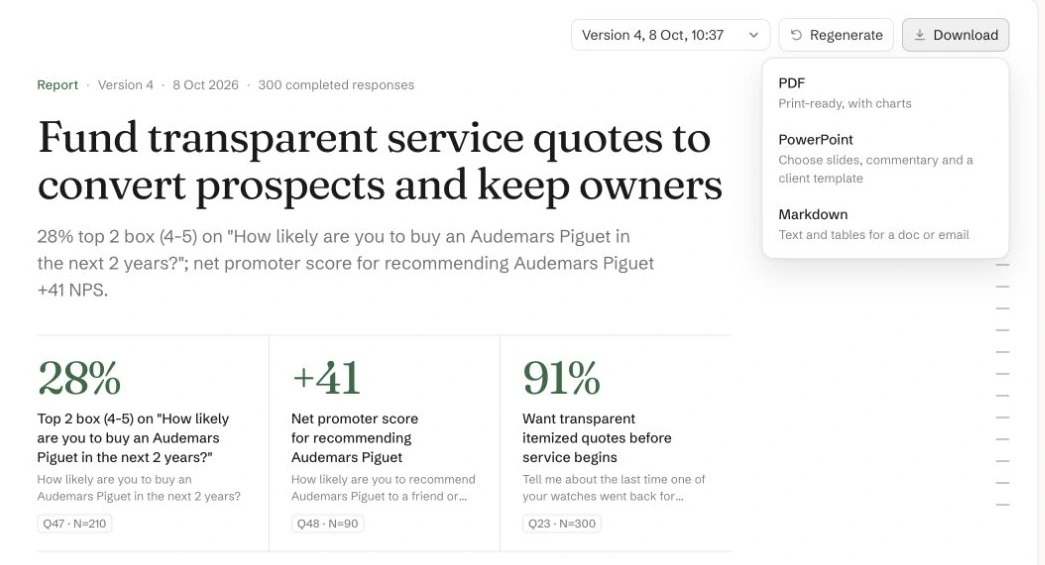 Research report export menu with PDF, PowerPoint and Markdown options