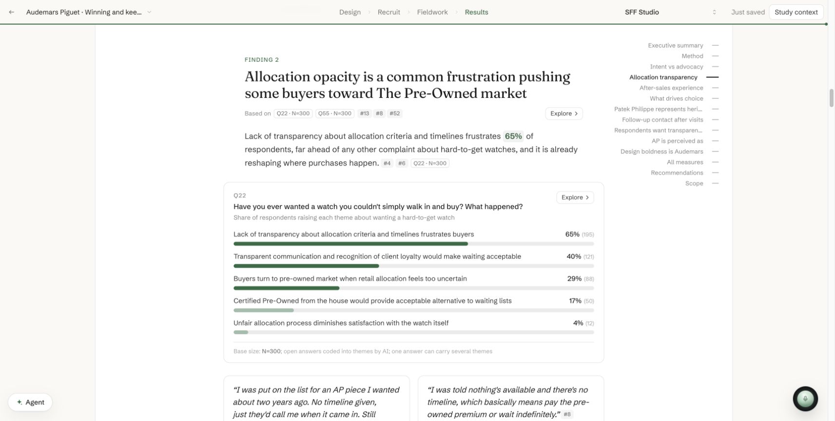 Research report showing a finding, theme chart and respondent quotes